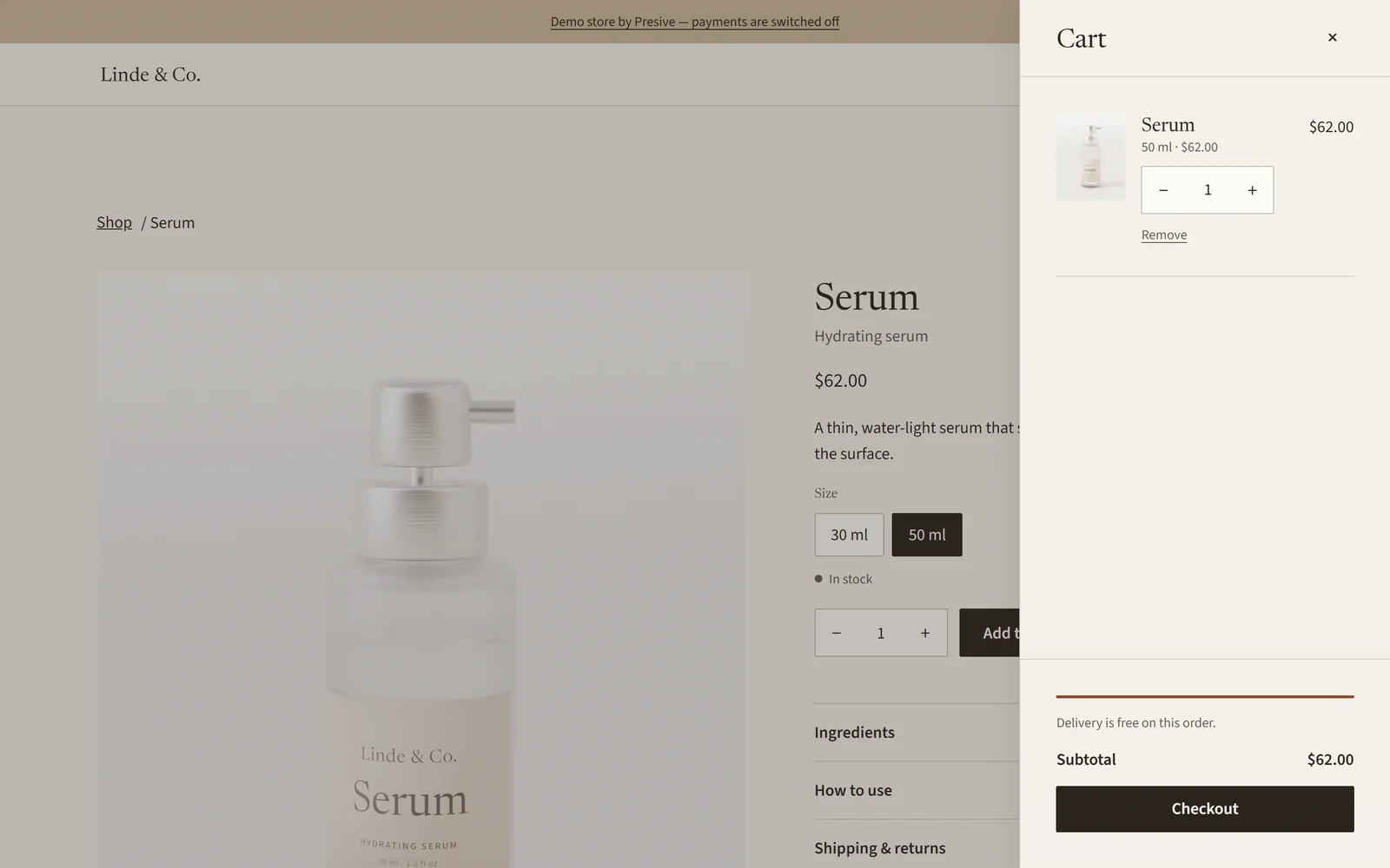 The cart: a screen from the Linde & Co demo store.