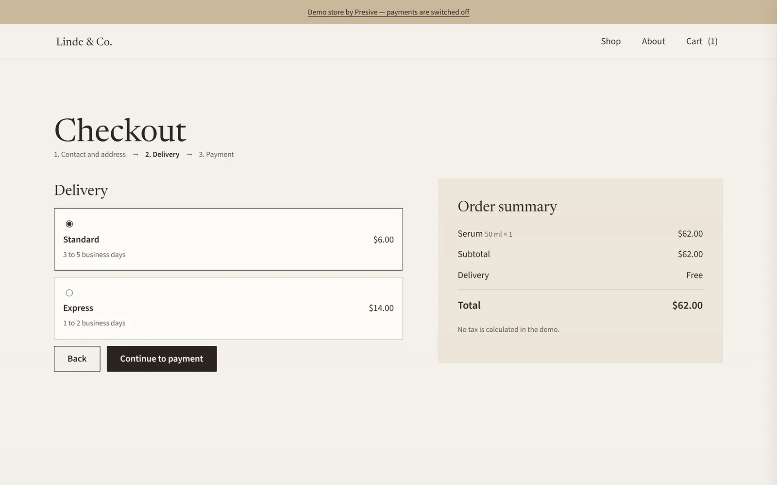 Delivery: a screen from the Linde & Co demo store.