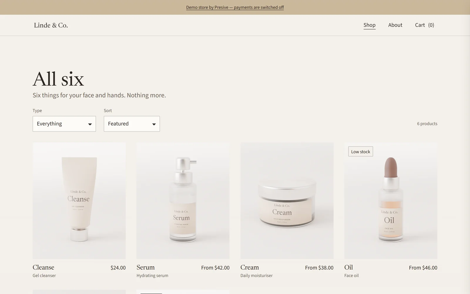 The collection: a screen from the Linde & Co demo store.