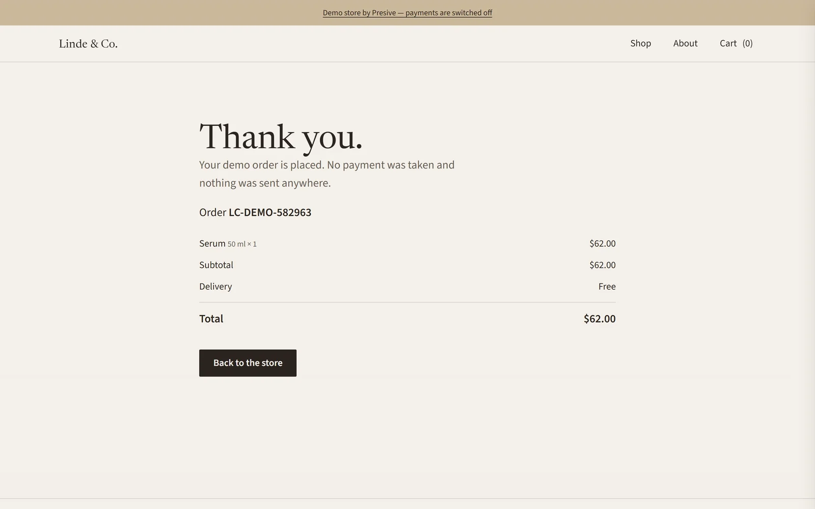 Confirmation: a screen from the Linde & Co demo store.