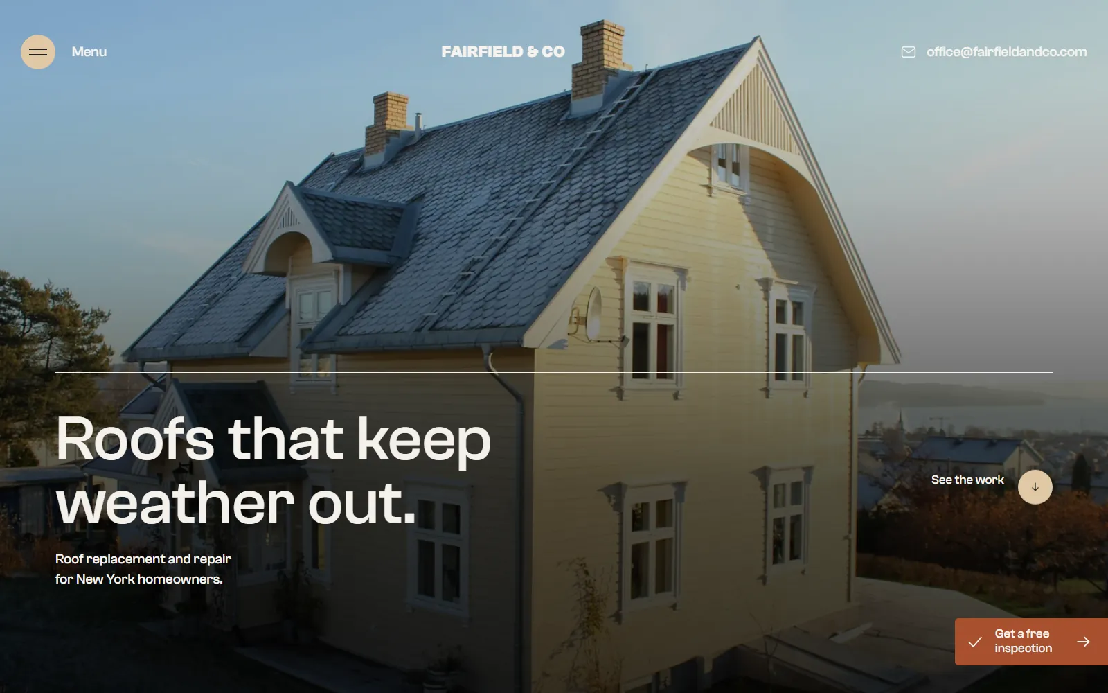 The Fairfield & Co home page: a full-bleed photograph of a slate roof at golden hour with the headline “Roofs that keep weather out.”