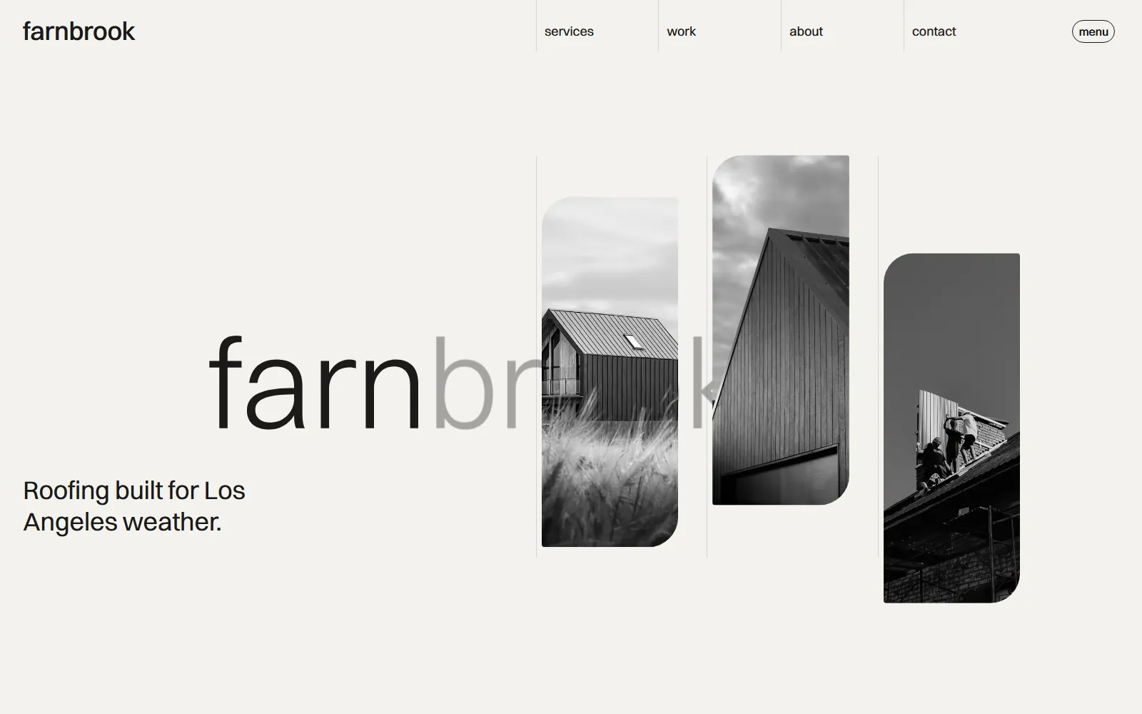 The Farnbrook home page: the wordmark set very large in black on off-white, with three tall monochrome roofing photographs overlapping it