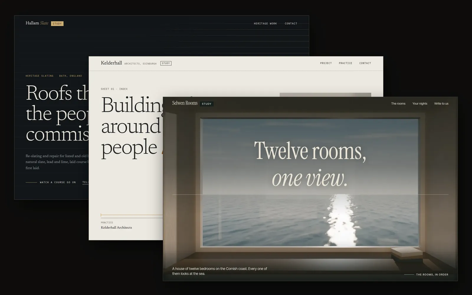 Three study sites fanned out: Hallam Slate, a dark heritage-roofer page; Kelderhall Architects, a paper-colored page with a card model; Selwen Rooms, a hotel page over a rendered sea view
