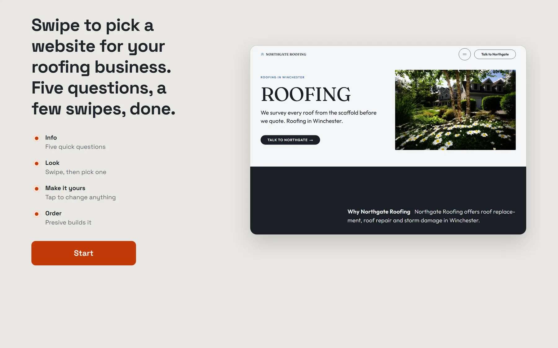 The Swipe & Match app on its first screen, a finished roofing site previewed beside the questions