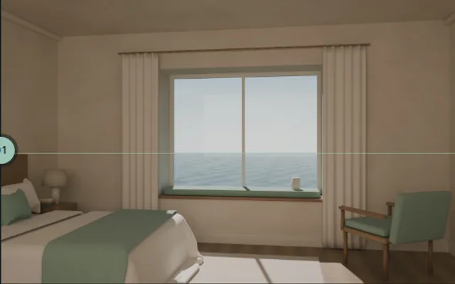The Selwen Rooms gallery: rendered bedrooms in a row, each window on the same sea line.