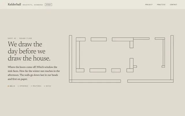 The Kelderhall plan drawing itself: ground-floor walls drawn in graphite on paper.